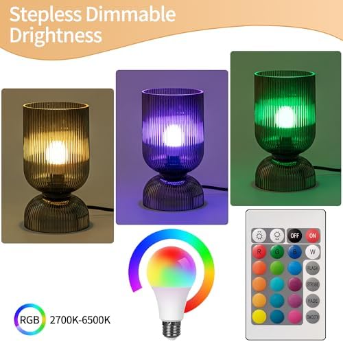 Modern RGB Glass Table Lamp with Remote，Color Changing Bedside Lamp with Ribbed Glass Shade, 16 Colors, On/Off Cord Switch, Nightstand Lamp for Bedroom, Living Room, Office, Bulb Included - Image 7