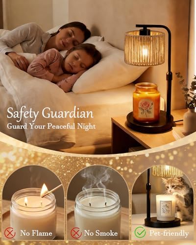 Candle Warmer Lamp, Timer Dimmable Candle Lamp, Adjustable Height and Brightness Black Candle Warmer, Boho Rattan Lampshade and 2 Bulbs, Suitable for Home Decor, Birthday Gifts for Women Mom - Image 2
