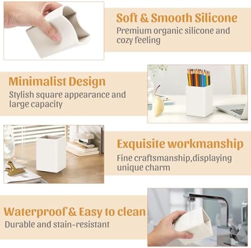 Pen Holder for Desk,Nordic Elegance Square Silicone Pencil Holder Soft Minimalist Desk Pen Cup Stand Waterproof Multifunctional Office Supplies for Home,Kids and School(Beige) - Image 4