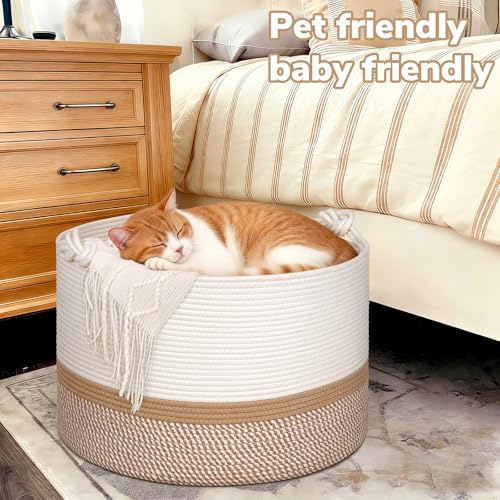 CherryNow 22"x22"x14" Large Blanket Basket, Home Décor for Living Room Bedroom, Cotton Rope Laundry Basket for Clothes Pillows, Baby Fall Decorations for Home Toy Storage, White & Camel - Image 5