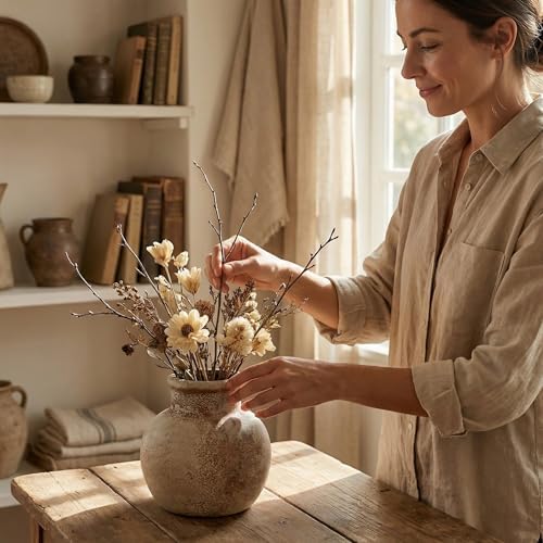 Farmhouse Table Vase, 5.7 Inch Ceramic Pot, Rustic Boho Terracotta Decor for Shelf, Mantel, Bookshelf, Living Room, Handmade Aged Look Centerpiece - Image 7