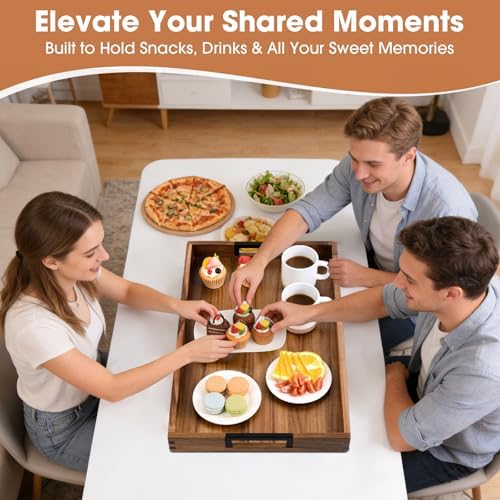 Large Ottoman Tray for Living Room and Coffee Table, Decorative Acacia Wood Serving Tray with Metal Handles for Breakfast in Bed, Dinner Food Kitchen TV (Natural, 24" x 15" x 2") - Image 4