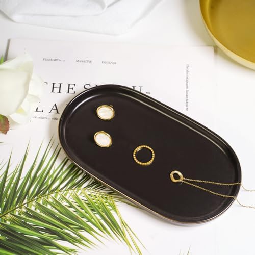 Ceramic Jewelry Dish, Perfume Vanity Tray, 7x4 Decorative Catch All Bowl for Trinket Key Ring, Small Bathroom Counter Tray, Soap Tray for Kitchen Sink (Black) - Image 2