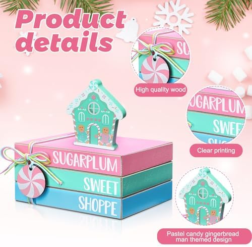 Yookeer 4 Pieces Pastel Christmas Gingerbread House Tiered Tray Decor Mini Wood Book Stacks Table Decorations Pastel Candy Wooden Book Table Sign for Christmas Home Room Mantle Fireplace Shelf - Image 4