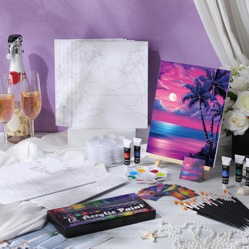 Ctosree 72 Pcs Vivid Sunset Paint and Sip Kit for Adults 8'' x 10'' Pre Drawn Canvas for Painting DIY Pre Printed Canvas for Party Favor Acrylic Painting Kit Wood Easel Brushes Date Night Bulk - Image 2