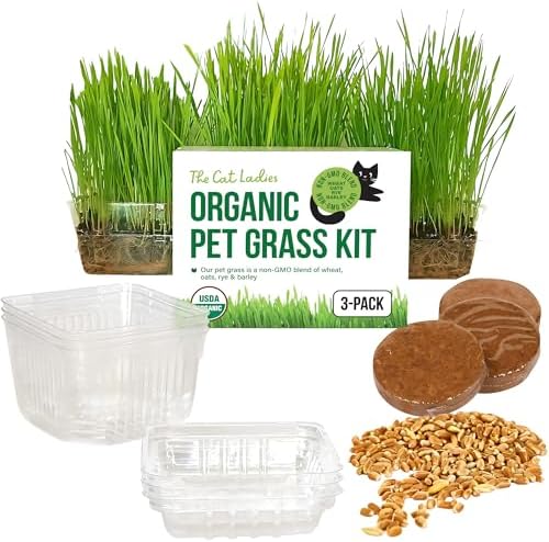The Cat Ladies Cat Grass for Indoor Cats - Growing Kit - Organic Cat Grass Seeds, Soil and BPA Free Containers (Non GMO) - Locally Sourced Seeds! (3 Pack) by TheCatLadies