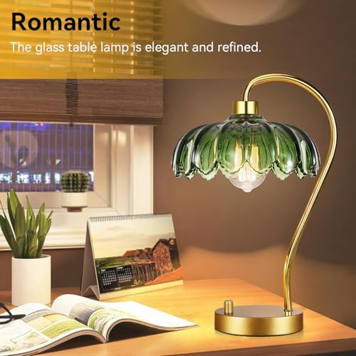 ILLMTW Flower Table Lamp for Bedroom Living Room,Small Gold Bedside Lamps Dimmable Boho Bedroom Lamp with Glass Green Lamp Shade,Vintage Mid Century Modern Mini Nightstand Lamp - Image 3