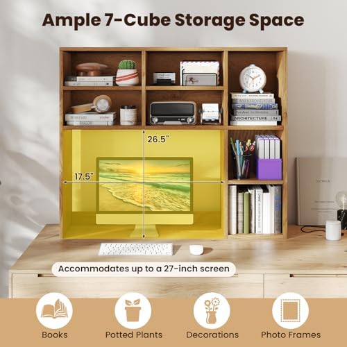 Giantex Desktop Bookshelf, Desk Hutch Dorm w/ 7 Cubes & 3 Adjustable Shelves, Desk Shelf for Up to 27" Computer Monitors, Wooden Desktop Storage Organizer for Dorm College Office Homem, Natural - Image 4