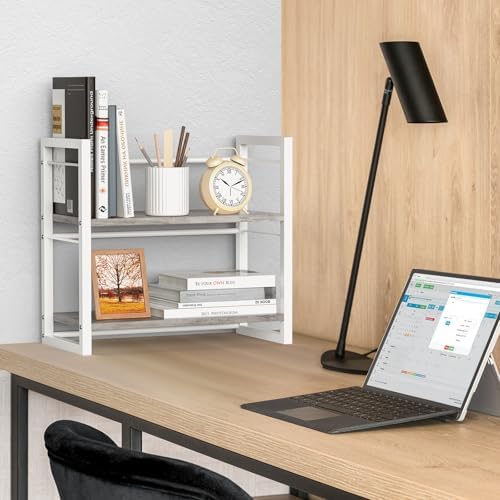 Office Desk Shelf Organizer, Wood Desktop Bookshelf Supplies Storage Rack, Shelf for Top of Desk and Dresser (Grey-2 Tier) - Image 5