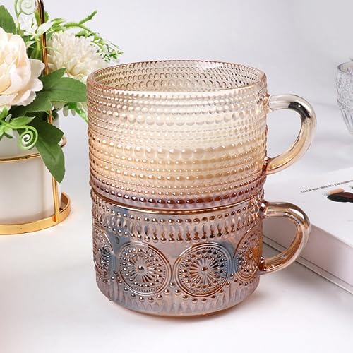 MFACOY Vintage Coffee Mugs Set of 2, 14 oz Glass Tea Cups with Handle, Amber Embossed Glass Cups for Cappuccino, Latte, Cereal, Milk, Hot or Cold Beverages - Image 3