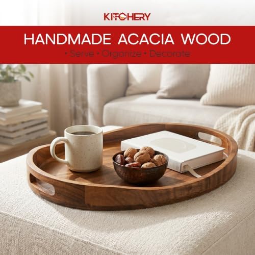 Oval Wood Ottoman Tray, 20 x 14.9 Inch Decorative Serving Tray for Coffee Table, Large Brown Wooden Tray for Living Room, Bedroom and Home Decor - Image 5