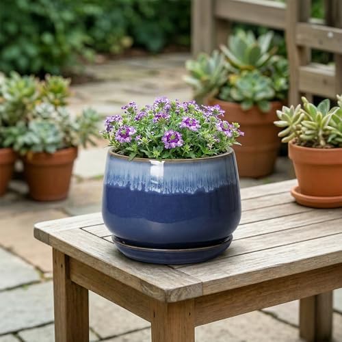 Ceramic Flower Pots, 6 Inch Plant Pot Indoor with Saucer, Deep Blue - Image 4