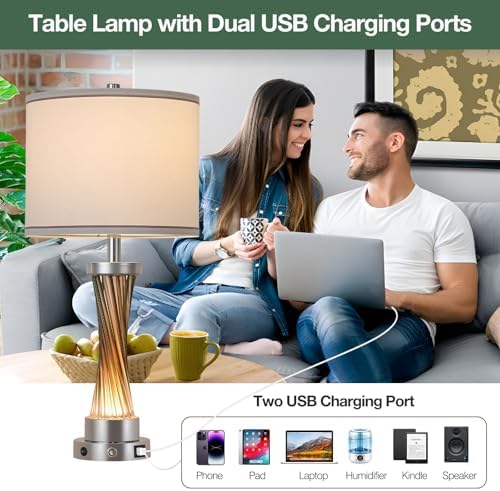 3-Way Dimmable Table Lamp Set of 2,Touch Control Lamp with Night Light,Modern Crystal Table Lamps for Bedroom,Living Room，Bedside Lamps with USB A+C Ports，Fabric Lampshade(Blubs Included) - Image 5