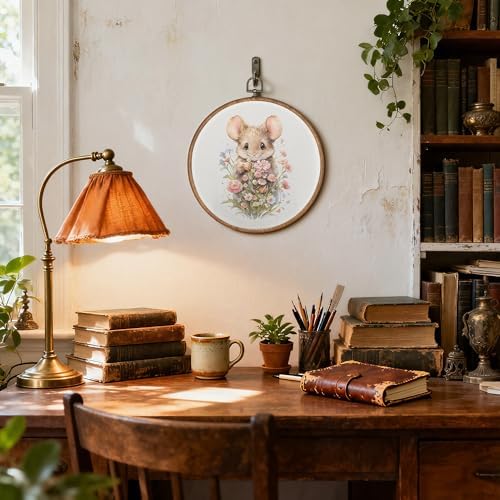 OFJE Pink Floral Mouse Nursery Wall Art Decor, Farmhouse Spring Cute Mouse Animal Round Wall Hanging Decor, Pastel Flower Framed Canvas Prints for Nursery Kids Bedroom Home Decorations, 10x10 Inch - Image 3