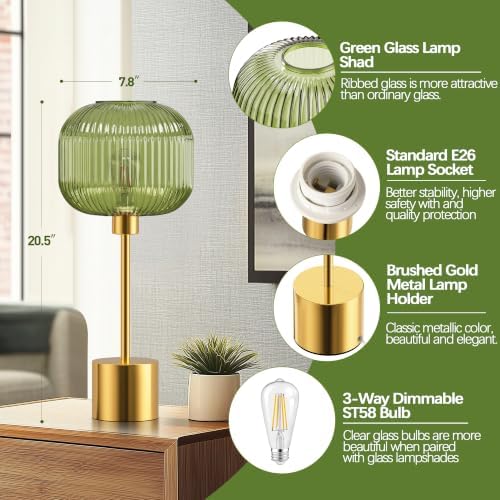 QiMH Glass Table Lamp for Living Room, Modern Bedside Lamp with Green Ribbed Glass Shade, 3-Way Dimmable Touch Control Nightstand Lamp for Bedroom, Brushed Gold (2700K LED Bulb Included) - Image 4