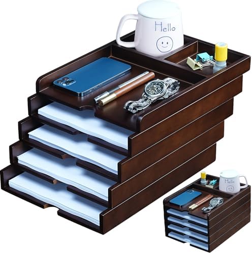 5-Tier Solid Wood Desk File Organizer, Paper Letter Tray Home and Office by GroveMindooOfficeStorage