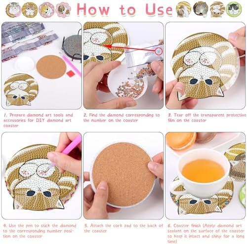 TCDZMYGS 8 Pcs Cute Cat Diamond Art Painting Coasters Kits, Cat Coaster with Holder for Adults, Non-Slip DIY Dot Paint Craft Kits, 5D Full Drill DIY Diamond Dot Gem Art Kit Home Decor Arts Craft - Image 4