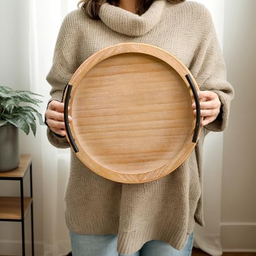 SwallowLiving Brown Wooden Beaded Serving Tray with Handle Decorative Rustic Tray for Coffee Table Farmhouse Round Tray for Kitchen, Living Room and Bedroom - Image 2