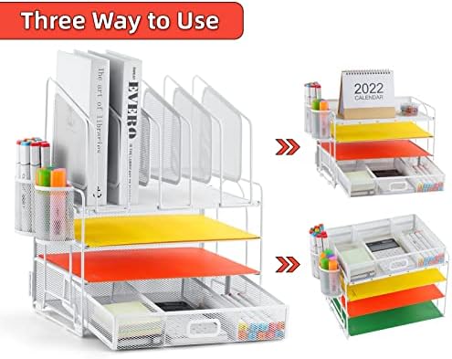 Marbrasse Desk Organizers, 4-Tier Mesh Desk File Organizer with 5 Vertical File Holders and 2 Pen Holders, Multifunction Desktop Organizer,Desk Organizers and Accessories for Home Office (White) - Image 3