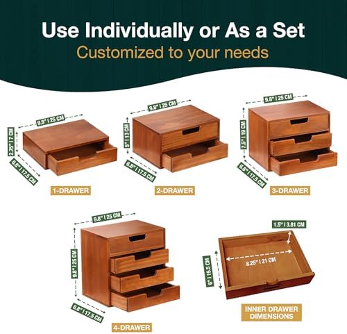 4-piece Drawer Cabinet Bundle Set - Modern Mahogany Wood Stackable Units - Multi-level Drawer Desktop Storage Organizers (4-Pack) - Image 3