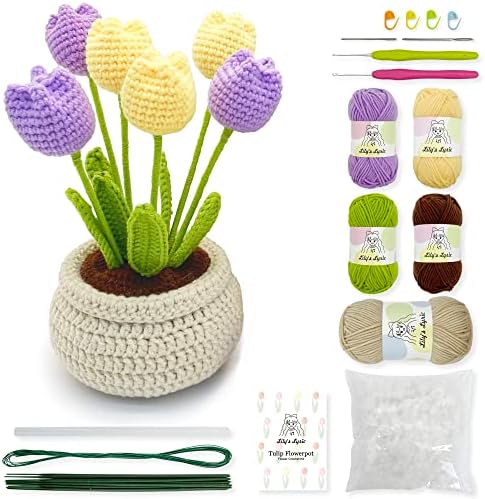 Lily's Lyric Flower Crochet Kit | Tulip Flowerpot | Step-by-Step Video Tutorial for Adults Teenagers | DIY Home Decoration Craft Gift Idea Purple&Yellow by LilysLyric