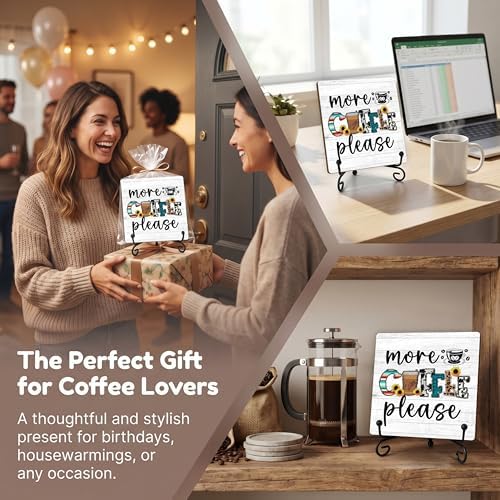 Coffee Bar Sign, More Coffee Please Sign, Coffee and Tea Lover Gifts, 5x5 Wood Plaque with Iron Stand for Home Kitchen Cafe, Coffee Bar Decor – A07 - Image 6