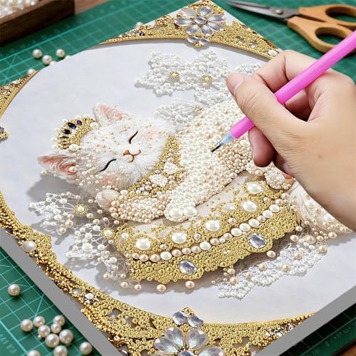 DIY Pearl Art Painting with Frame Creative Pattern Design Festival Stress-Relieving Home Wall Decoration 9.8X9.8in Tool Included-Cat - Image 6