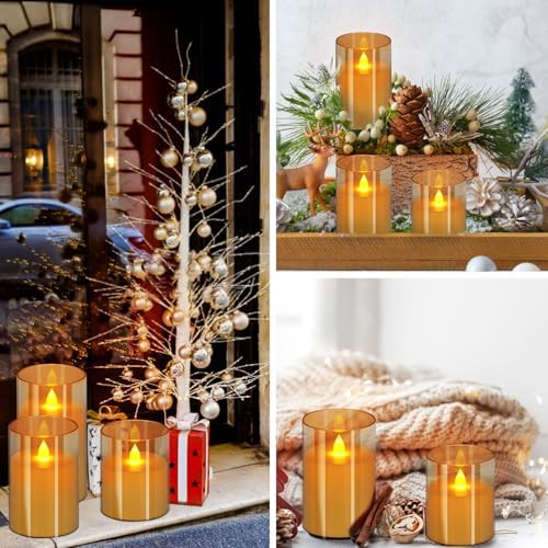 wemarry Flameless Candles 4" 5" 6" Acrylic Glass Pillars 3" Diameter Battery Operated Flickering Candles Include 8-Key Remote with Timer Function 400+ Hours (Amber, Warm Light 9 Pack) - Image 5