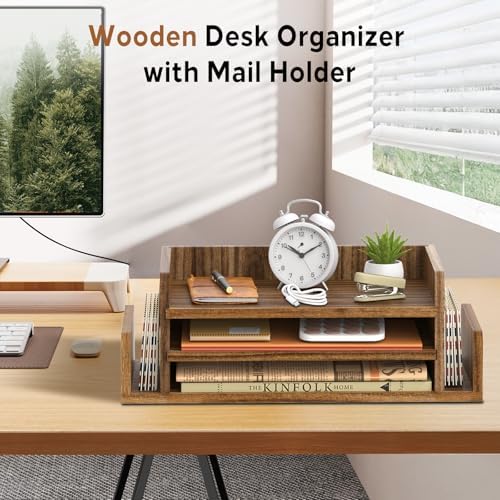 Wooden Desk Organizer, 3-Tier Paper Trays with 2 Mail Sorters, Dark Brown - Image 2