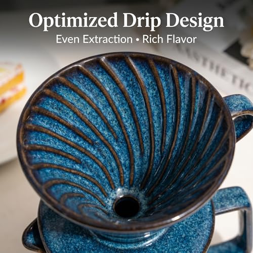 Topadorn Ceramic Pour Over Coffee Maker Set with Stoneware Mug, Rustic Blue - Image 5