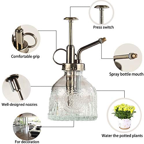 Plant Mister Glass Spray Bottle Small Plant Watering Can 6.4" Tall Retro Indoor Watering Can Bronze Plastic Top Pump for Garden Indoor Plant Sprayer (Transparent) - Image 3