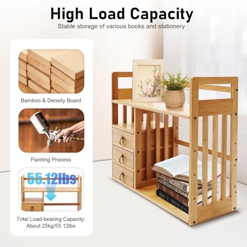 Bamboo Desktop Bookshelf desk organizer with 3 drawers Desktop Storage Shelf with Drawer Pulls Multifunctional Desk Caddy for Office Stationery Wooden Countertop Cabinet Office for Home School - Image 6