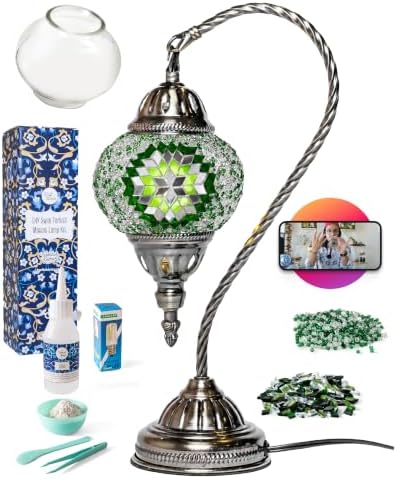 KRAFTSTORIES Turkish Mosaic Swan Neck Lamp Making Kit| DIY Colorful Glass Decorative Nightstand Table Light| Craft Kit |Make Your Own Lamp | Living Room Bedroom | Antique Bronze Base (Green) by Kraftstories