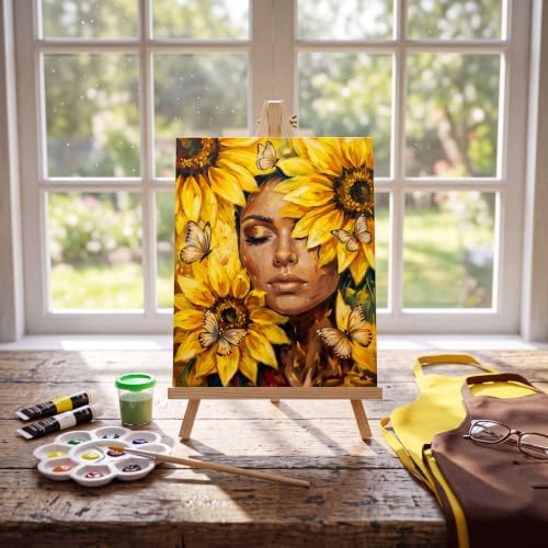 Cholemy 8 Set Paint and Sip Kit for Adults 8'' x 10'' Pre Drawn Canvas with Wooden Easels Acrylic Paint Brushes Wash Cup Palette Apron for Painting DIY Date Night Party Supplies(Sunflower Woman) - Image 6