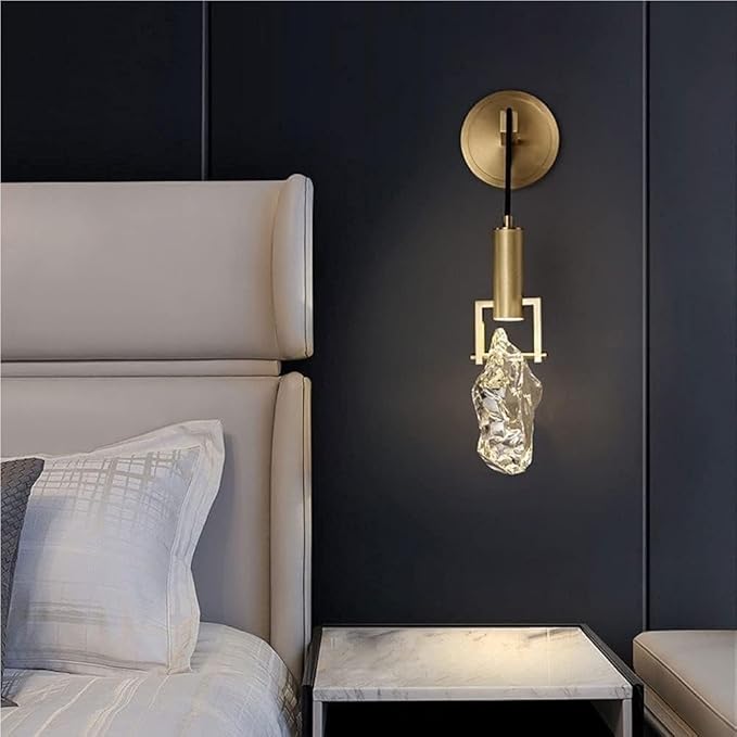 Modern Brass Wall Sconce Natural Irregular Crystal LED Wall Light Minimalist Luxury Gold Finish Wall Lamps for Bedroom Living Room Hallway Entryway Accent Lighting