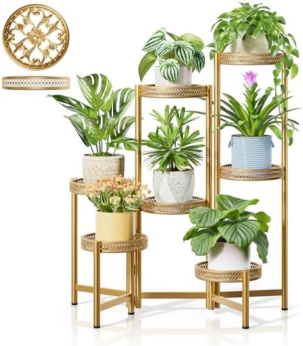 7 Tiered Metal Corner Plant Stand Indoor Outdoor, Tall Large Folding Rack with Rust Proof 10 Inch Wide Tray, Heavy Duty Flower Shelf for Multiple Plants for Patio - GoldWave by Unknown