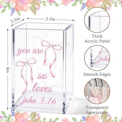 Pink Bow Acrylic Pen Holder Cup, Coquette Desk Decor with Inspirational Bible Verse, Christian Pencil Holder, Cute Office Desk Organizer, Gift for Women - Image 3