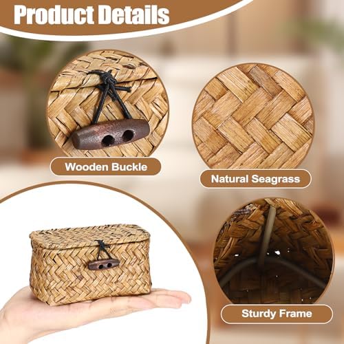 Hipiwe Handwoben Seagrass Basket With Lid Wicker Storage Baskets Decorative Shelf Basket Mini Desktop Organizer, Caramel 4.3" x 2.5" x 2.1" - Image 6