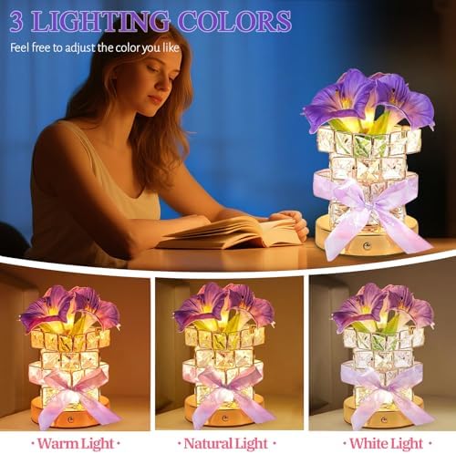 Flower Table Lamp, 3-Color Dimmable Artificial Flowers Night Light, Rechargeable Cordless Small Desk Lamp, Morning Glory with Crystal Vase for Date Party Home Decoration (MF Morning Glory-Purple) - Image 4