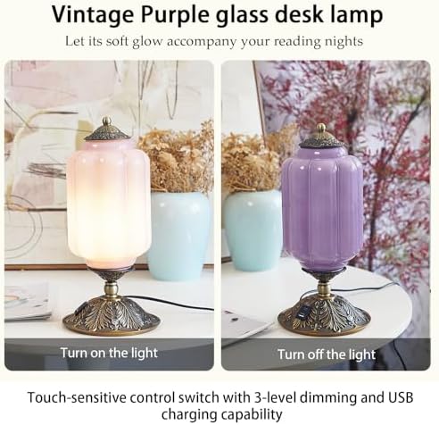 Vintage Milk Glass Table Lamp, 3-WayDimmable USB-C+A, Bedroom DeskLamps - Image 2