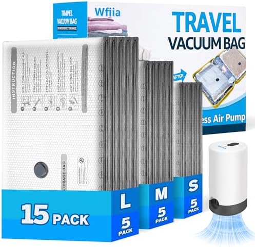 15 Packs Vacuum Bags for Travel with Rechargeable Pump, 3 Sizes Heavy Duty Vacuum Seal Bags for Clothing, Compression Vacuum Travel Bags for Luggage, Vacuum Packing Bags for Closet Organization by Wfiia