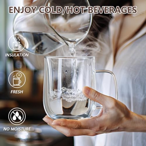 Double Walled Glass Coffee Mugs 12 oz, Glass Coffee Cups Set of 4 with Spoons, Clear Coffee Mug with Handles for Hot Beverages, Cappuccino, Latte, and Tea Bags. - Image 3