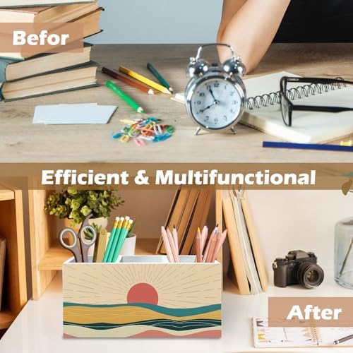 DILSJ Boho Abstract Sunshine Pen Pencil Holder Organizer for Desk, Boho Office Decor, Mid Century Modern Minimalist Sunshine Landscape Wooden Box Signs for Home Office Desk Tabletop Decoration - Image 6