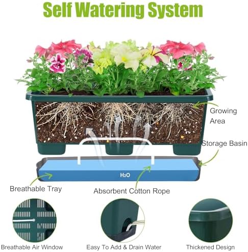 Oliz Window Box Planter 8 Pcs, 17 Inches Rectangle Flower Pots with Drainage Holes & Trays, Vegetable Planters for Windowsill Patio Garden Balcony Home Indoor Outdoor (Dark Green, 16 * 7 * 6 inch) - Image 2
