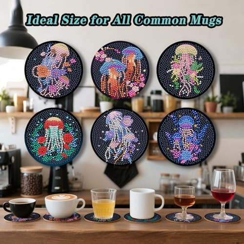 Zynlio Jellyfish Diamond Paintings Coasters Kits Set with Holder,Diamond Art, DIY Diamond Crafts Coasters for Adults, Diamond Art Painting Kits for Women, Beginners, Diamond Craft Supplies - Image 3