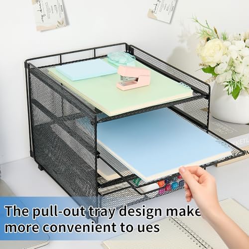 OPNICE Desk Organizer, 4-Tier Desktop File Organizer with Drawer, Office Desk Accessories, File Sorters, Workspace Organizers for Office Supplies(Black Upgraded) - Image 5