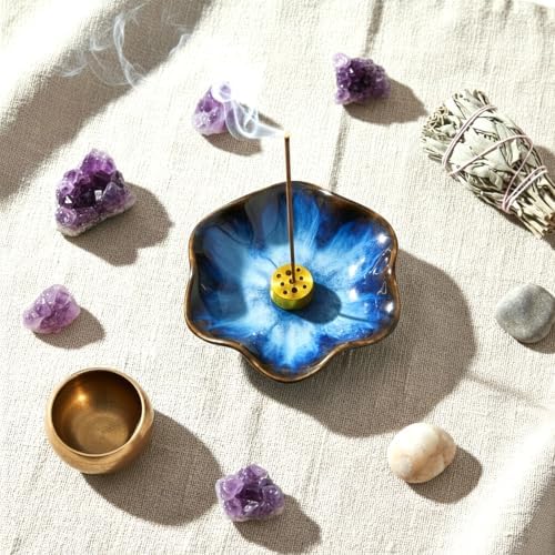 Small Flower Incense Holder with 9-Hole Metal Base, Blue - Image 7