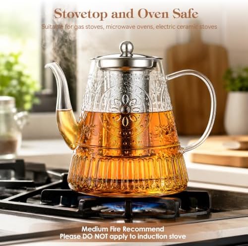 1500ml/52oz Large Glass Teapot, Zpose Vintage Tea Pot with Infuser for Loose Tea, Stovetop Glass Tea Kettle with strainer for 6-7 Cups - Image 5