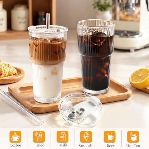 3 Pack Ribbed Glass Tumbler with Straw and Lid: Leak Proof Glass Cups with Lids and Straws - Coffee Bar Accessories - To Go Iced Coffee Cups with Lids - Tumbler Leak Proof Iced Coffee Cups with Lids - Image 5