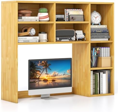 Giantex Desktop Bookshelf, Desk Hutch Dorm w/ 7 Cubes & 3 Adjustable Shelves, Desk Shelf for Up to 27" Computer Monitors, Wooden Desktop Storage Organizer for Dorm College Office Home (Burlywood) by Giantex